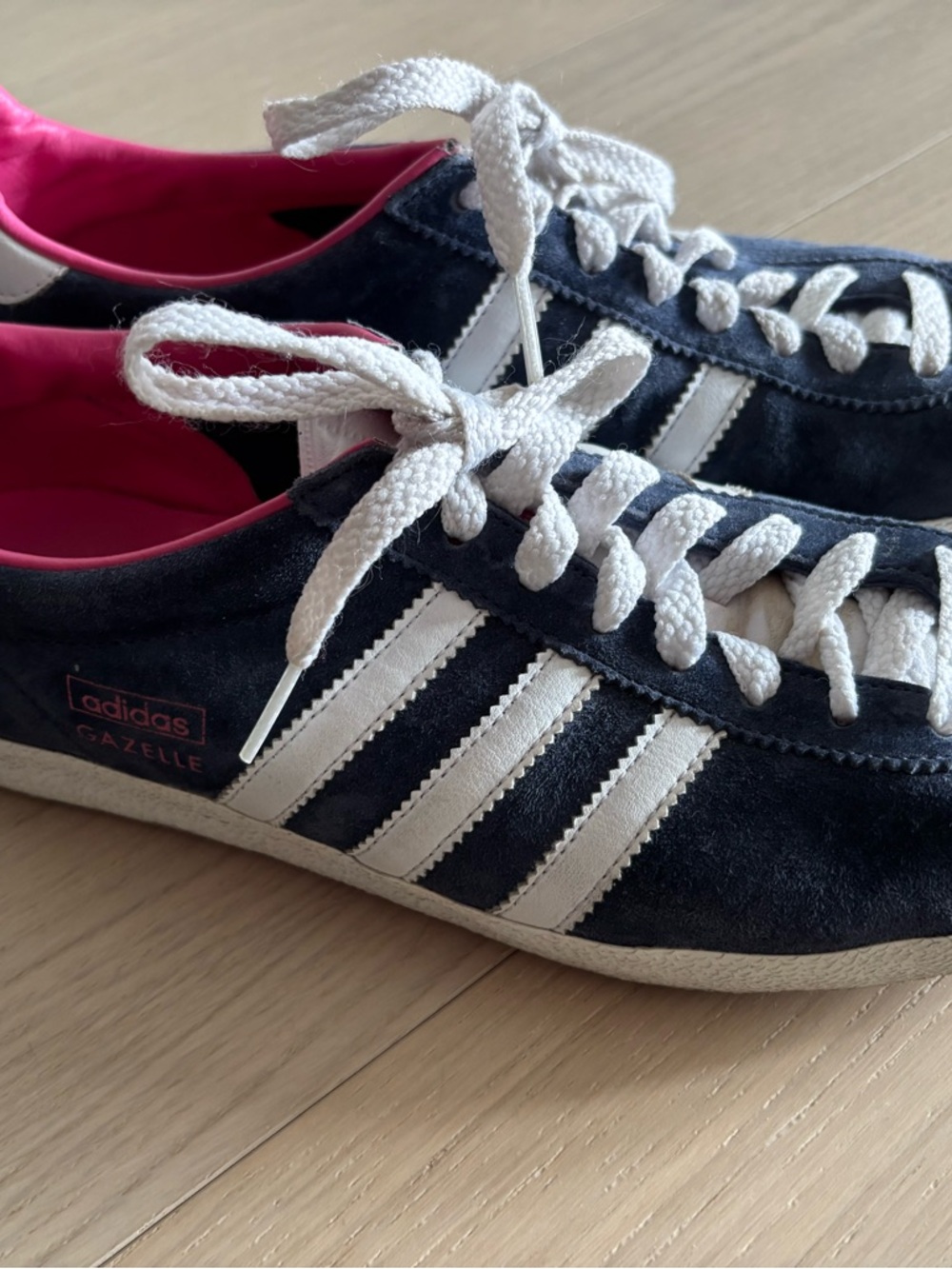 Adidas Gazelle Sneakers Navy with White Stripes and Pink Lining